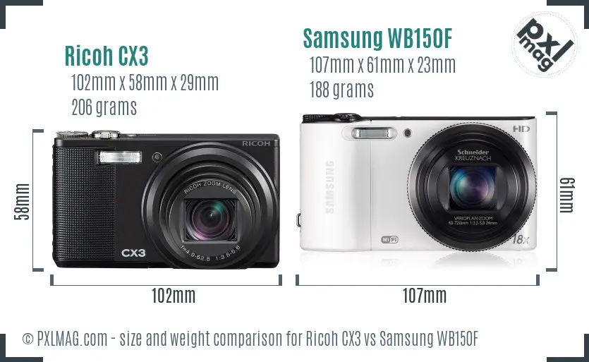 Ricoh CX3 vs Samsung WB150F size comparison