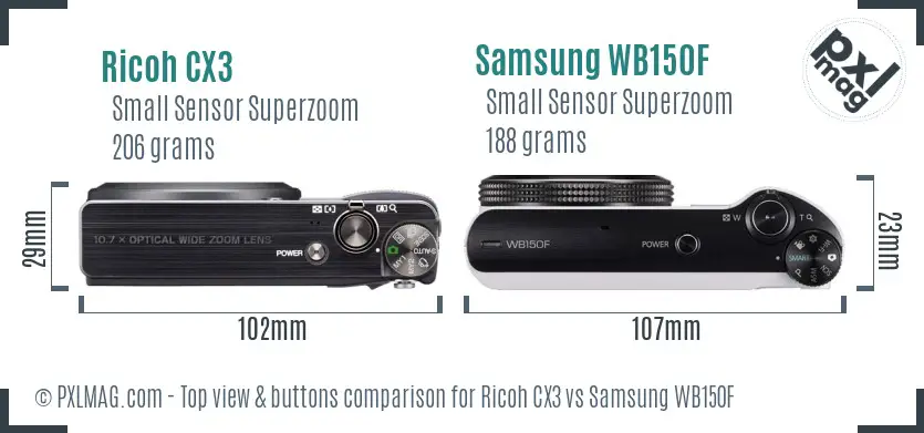 Ricoh CX3 vs Samsung WB150F top view buttons comparison