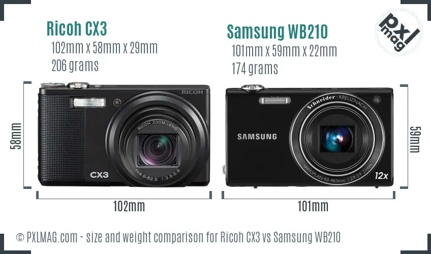 Ricoh CX3 vs Samsung WB210 size comparison