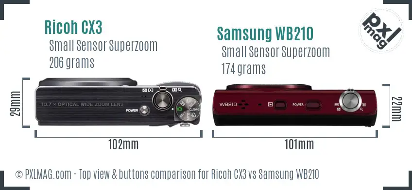 Ricoh CX3 vs Samsung WB210 top view buttons comparison