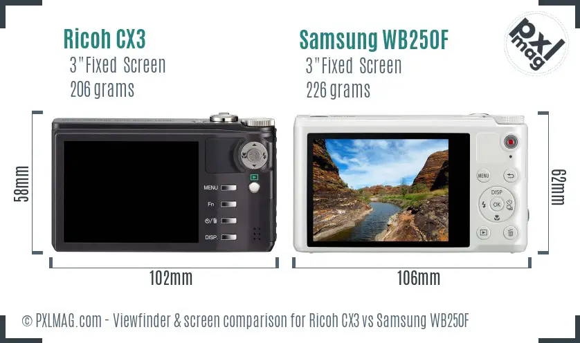 Ricoh CX3 vs Samsung WB250F Screen and Viewfinder comparison