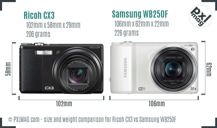 Ricoh CX3 vs Samsung WB250F size comparison