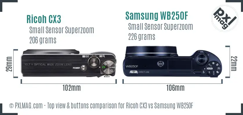 Ricoh CX3 vs Samsung WB250F top view buttons comparison