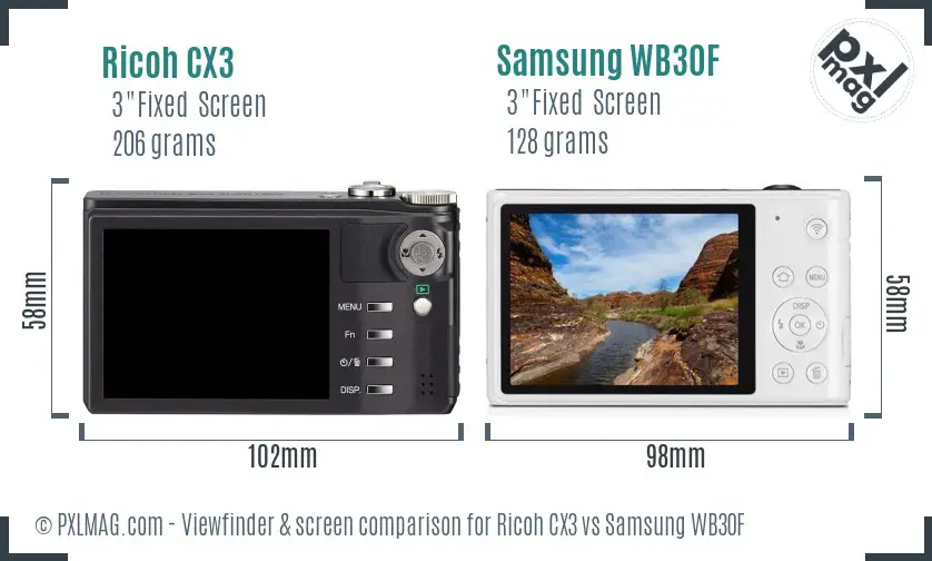 Ricoh CX3 vs Samsung WB30F Screen and Viewfinder comparison