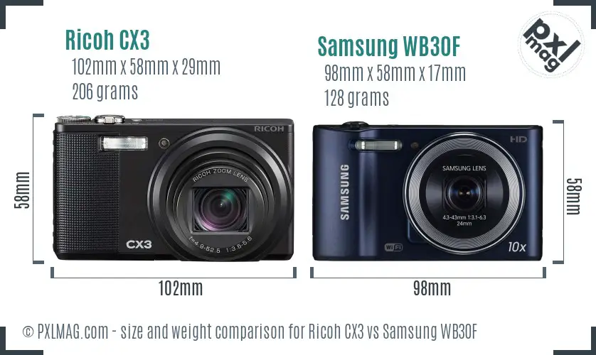 Ricoh CX3 vs Samsung WB30F size comparison