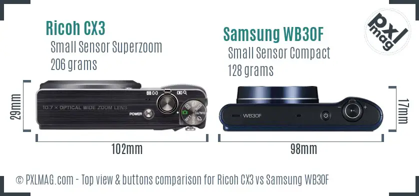 Ricoh CX3 vs Samsung WB30F top view buttons comparison