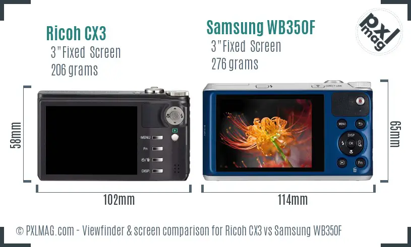 Ricoh CX3 vs Samsung WB350F Screen and Viewfinder comparison