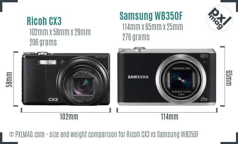 Ricoh CX3 vs Samsung WB350F size comparison