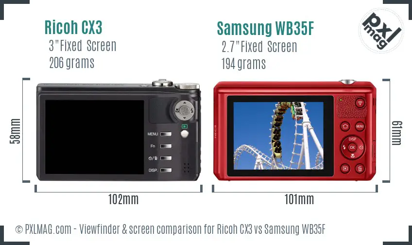 Ricoh CX3 vs Samsung WB35F Screen and Viewfinder comparison