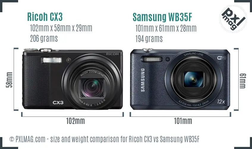 Ricoh CX3 vs Samsung WB35F size comparison