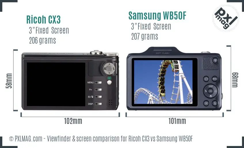 Ricoh CX3 vs Samsung WB50F Screen and Viewfinder comparison