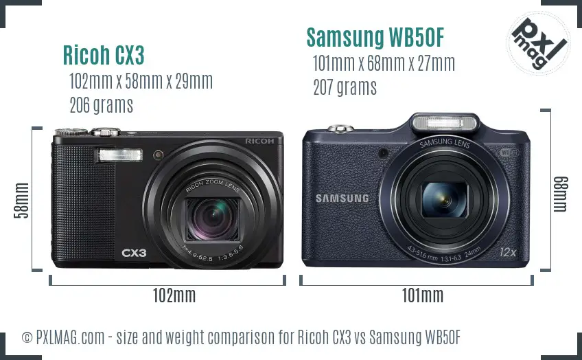 Ricoh CX3 vs Samsung WB50F size comparison