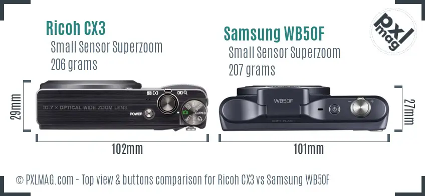 Ricoh CX3 vs Samsung WB50F top view buttons comparison