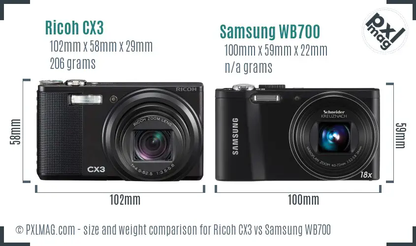 Ricoh CX3 vs Samsung WB700 size comparison