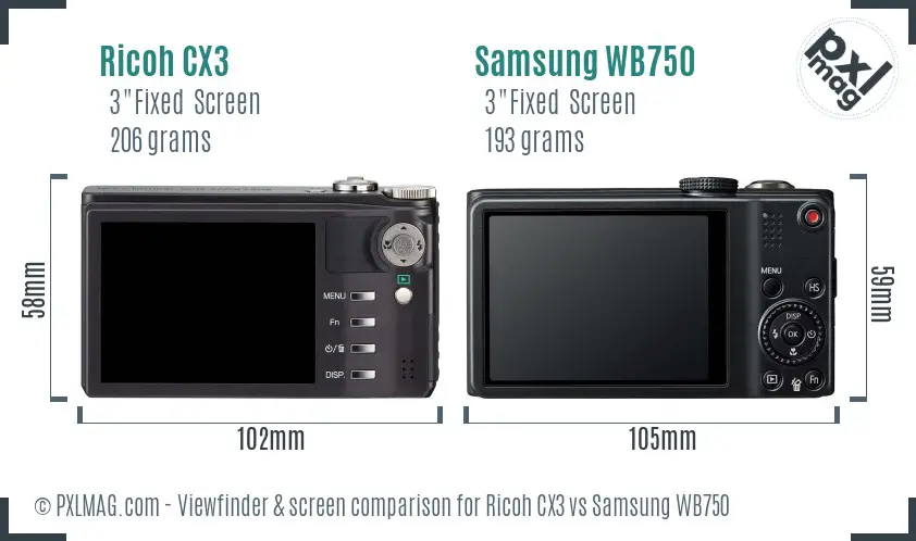 Ricoh CX3 vs Samsung WB750 Screen and Viewfinder comparison