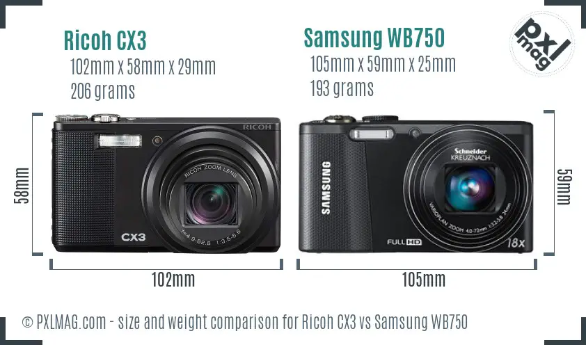 Ricoh CX3 vs Samsung WB750 size comparison