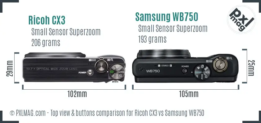 Ricoh CX3 vs Samsung WB750 top view buttons comparison