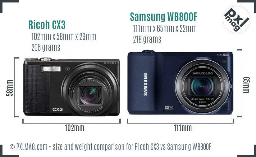 Ricoh CX3 vs Samsung WB800F size comparison