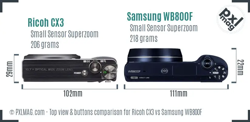 Ricoh CX3 vs Samsung WB800F top view buttons comparison