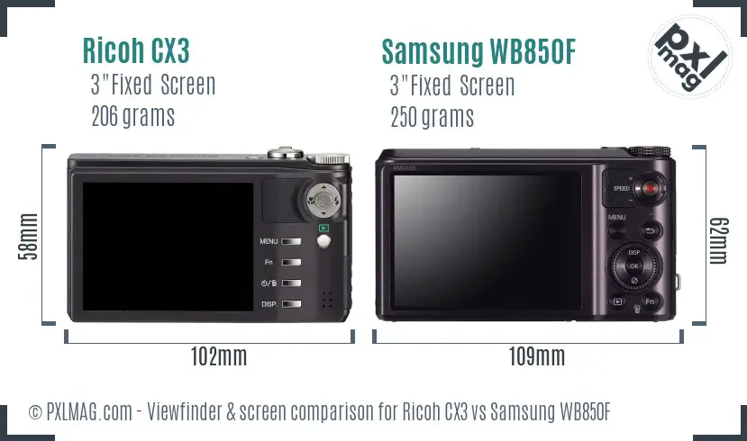 Ricoh CX3 vs Samsung WB850F Screen and Viewfinder comparison