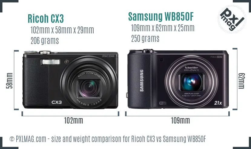 Ricoh CX3 vs Samsung WB850F size comparison