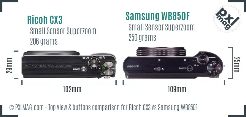 Ricoh CX3 vs Samsung WB850F top view buttons comparison