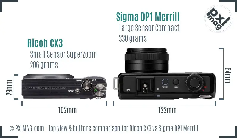 Ricoh CX3 vs Sigma DP1 Merrill top view buttons comparison