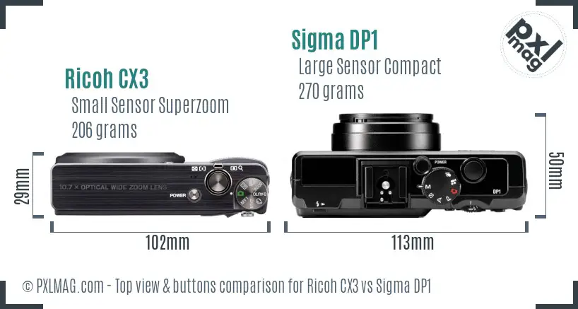 Ricoh CX3 vs Sigma DP1 top view buttons comparison