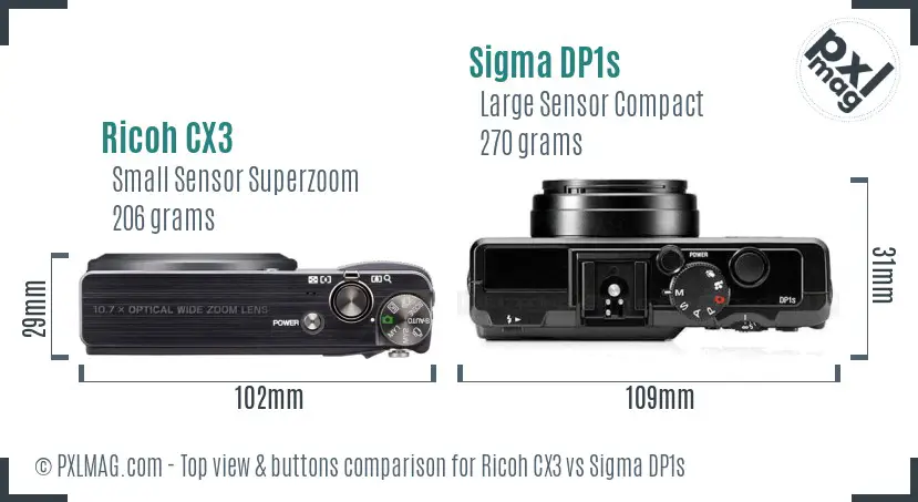 Ricoh CX3 vs Sigma DP1s top view buttons comparison