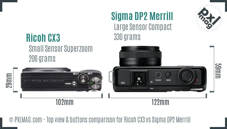 Ricoh CX3 vs Sigma DP2 Merrill top view buttons comparison