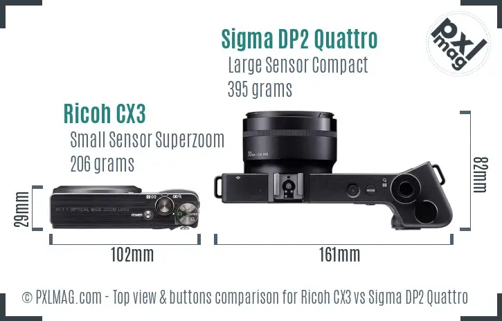 Ricoh CX3 vs Sigma DP2 Quattro top view buttons comparison