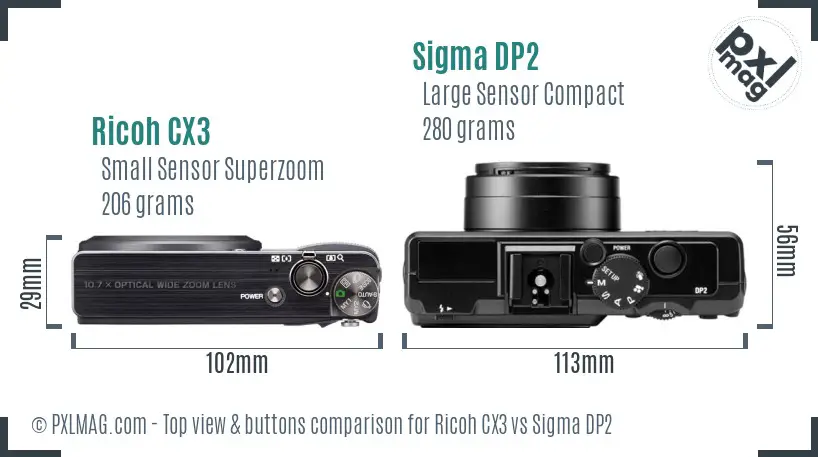 Ricoh CX3 vs Sigma DP2 top view buttons comparison