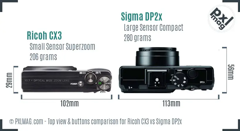 Ricoh CX3 vs Sigma DP2x top view buttons comparison
