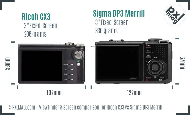 Ricoh CX3 vs Sigma DP3 Merrill Screen and Viewfinder comparison