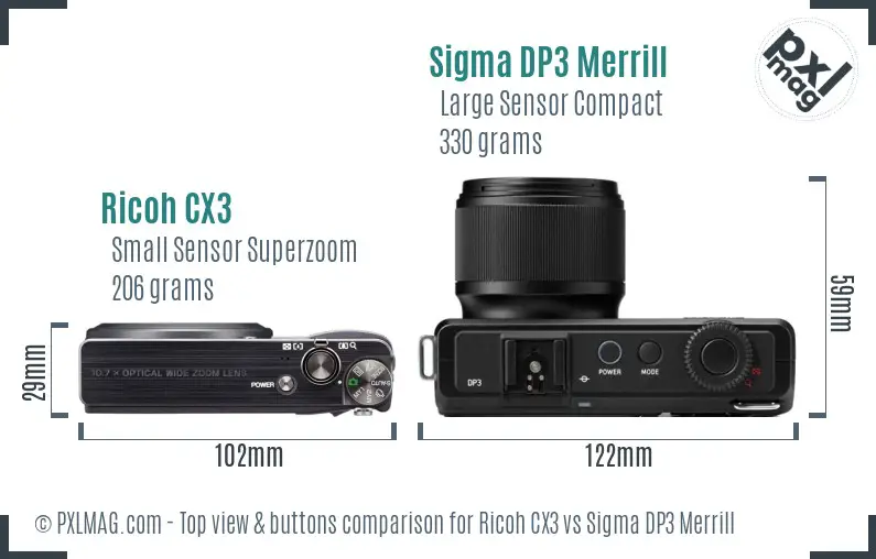 Ricoh CX3 vs Sigma DP3 Merrill top view buttons comparison