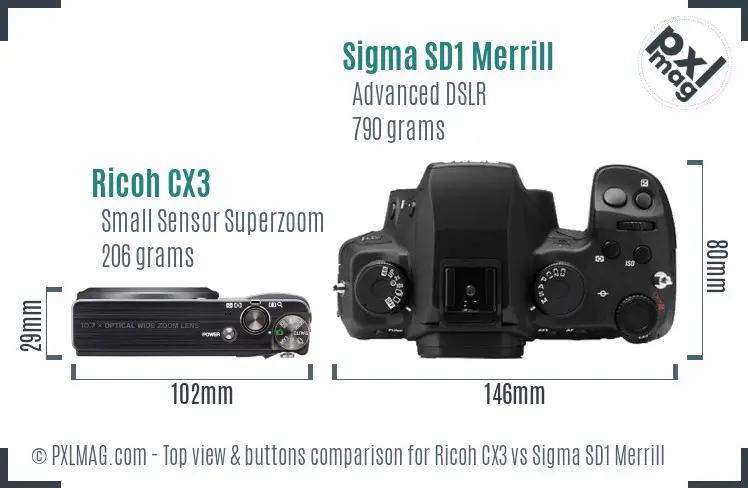 Ricoh CX3 vs Sigma SD1 Merrill top view buttons comparison