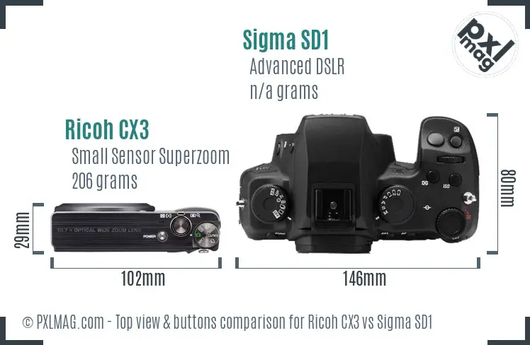 Ricoh CX3 vs Sigma SD1 top view buttons comparison