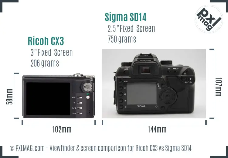 Ricoh CX3 vs Sigma SD14 Screen and Viewfinder comparison