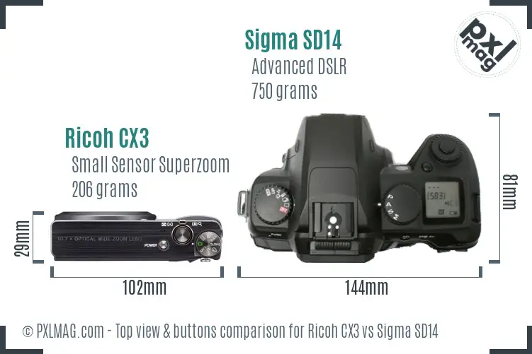 Ricoh CX3 vs Sigma SD14 top view buttons comparison