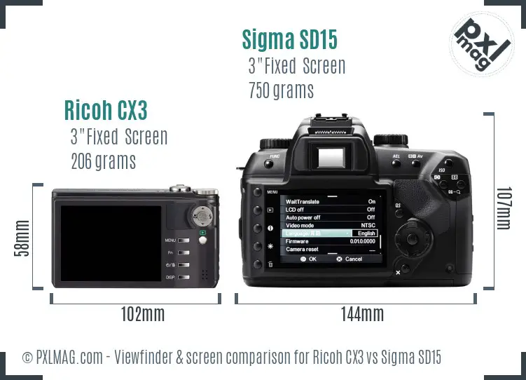 Ricoh CX3 vs Sigma SD15 Screen and Viewfinder comparison