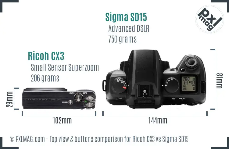 Ricoh CX3 vs Sigma SD15 top view buttons comparison