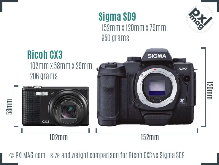Ricoh CX3 vs Sigma SD9 size comparison