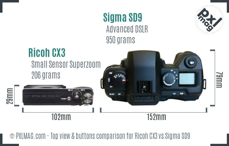 Ricoh CX3 vs Sigma SD9 top view buttons comparison