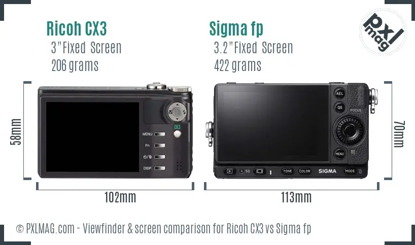 Ricoh CX3 vs Sigma fp Screen and Viewfinder comparison