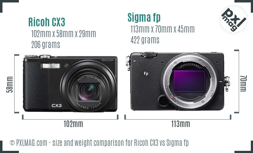 Ricoh CX3 vs Sigma fp size comparison