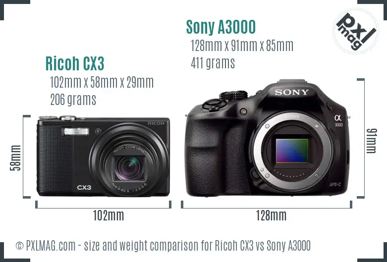 Ricoh CX3 vs Sony A3000 size comparison