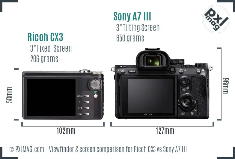 Ricoh CX3 vs Sony A7 III Screen and Viewfinder comparison