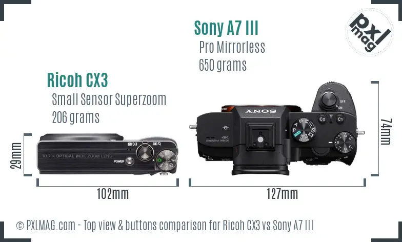 Ricoh CX3 vs Sony A7 III top view buttons comparison