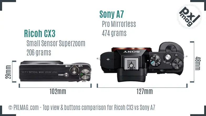 Ricoh CX3 vs Sony A7 top view buttons comparison