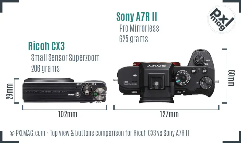 Ricoh CX3 vs Sony A7R II top view buttons comparison
